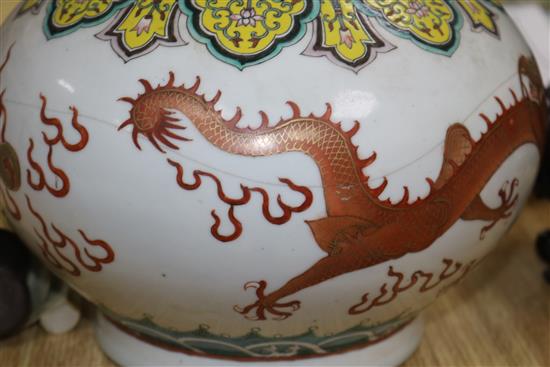 A 19th century Chinese famille rose dragon vase, wood stand height 32.5cm excl. stand